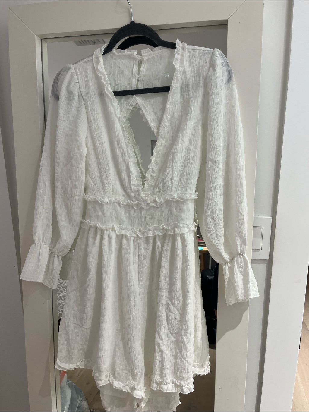 White Ruffle V-Neck Long Sleeve Mini Dress